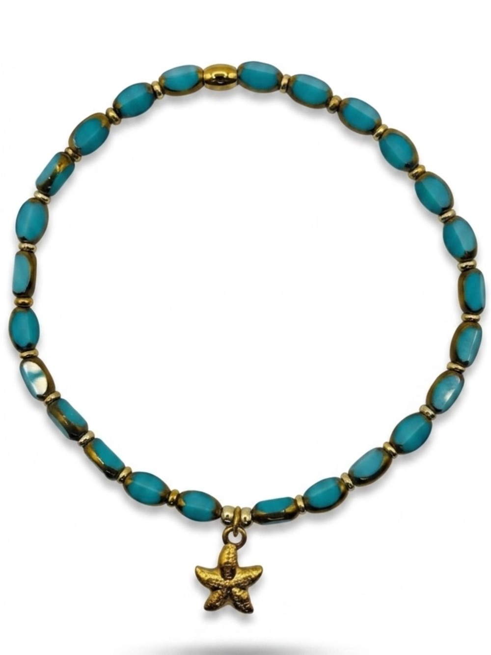 *Anklet* S. Steel Gold Starfish & Turquoise Crystal Stretchy Ankle Bracelet